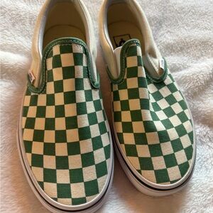 Vans Green and White Checkered Slip-On Sneakers